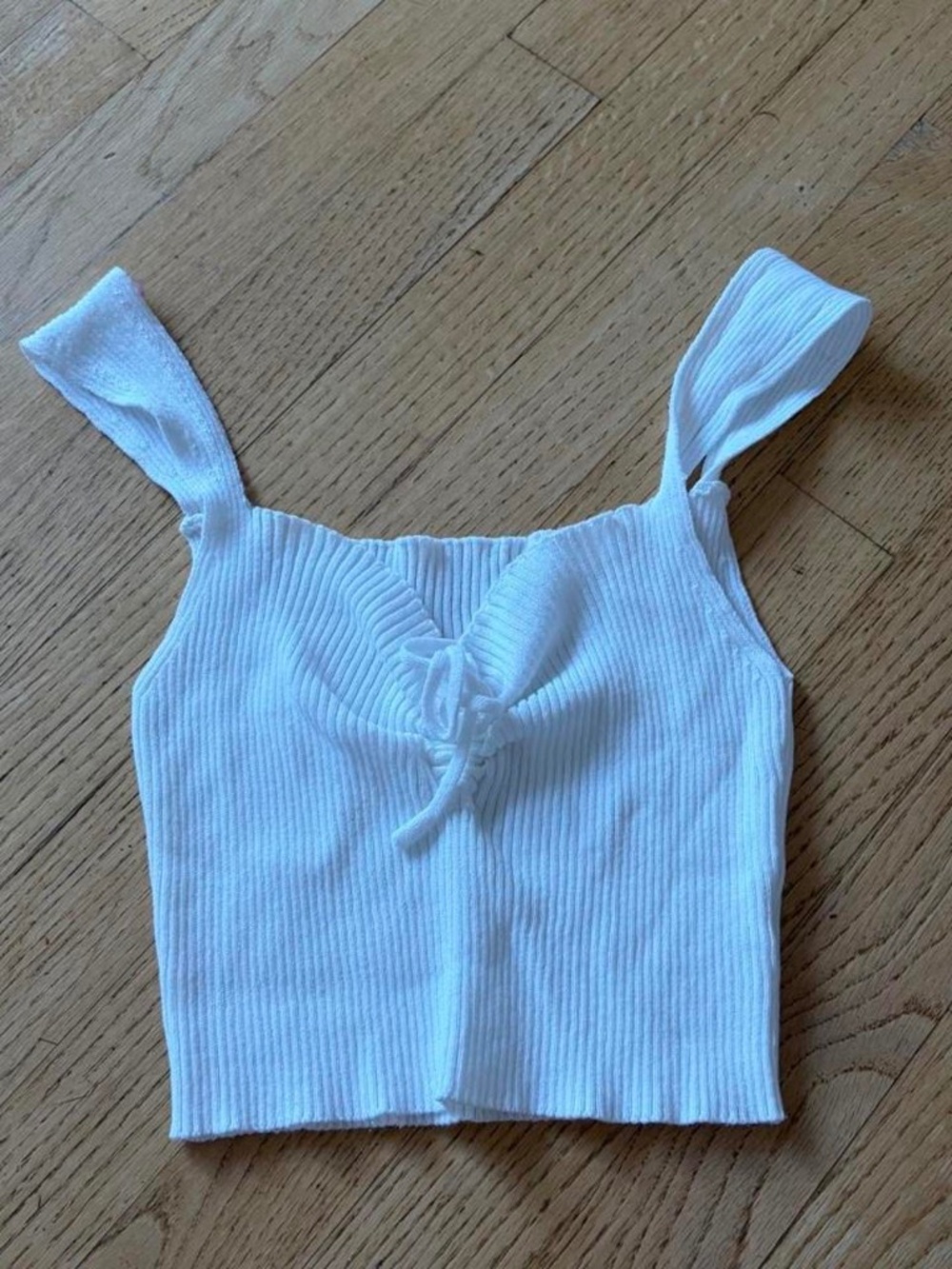 White knit crop top with bow tie detail